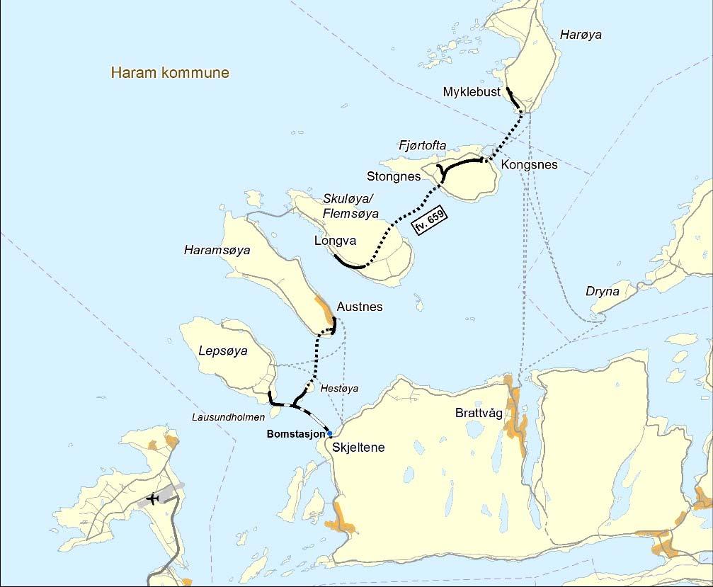 Fakta om Nordøyvegen: Nordøyvegen gir fastlandssamband for rundt 2900 mennesker på Lepsøya, Haramsøya, Skuløya/Flemsøya og Fjørtofta i Haram kommune og Harøya og Finnøya i Sandøy kommune i Møre og