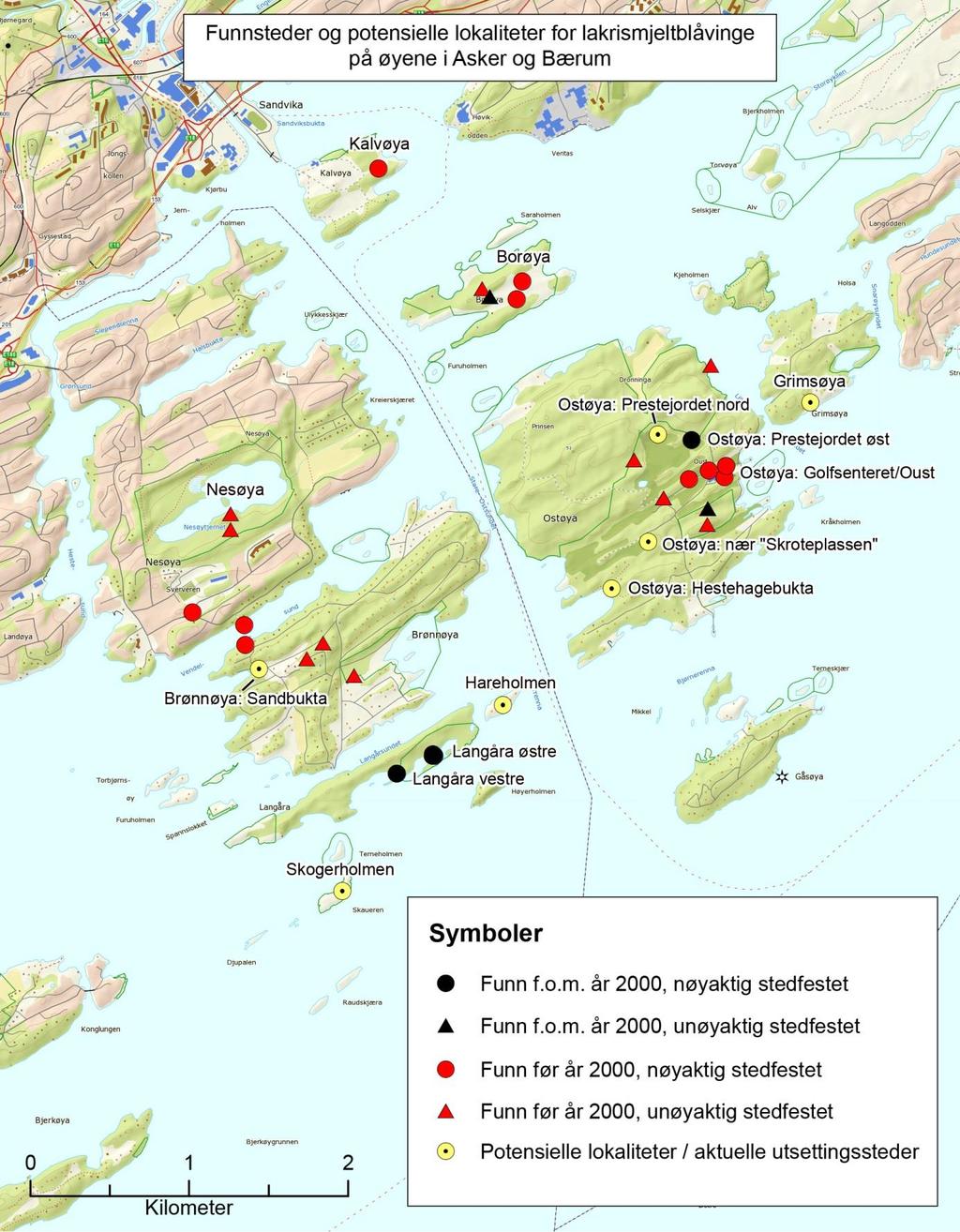 Figur 3. Oversikt over funnsteder og potensielle lokaliteter og/eller aktuelle utsettingssteder for lakrismjeltblåvinge på øyene i Asker og Bærum.