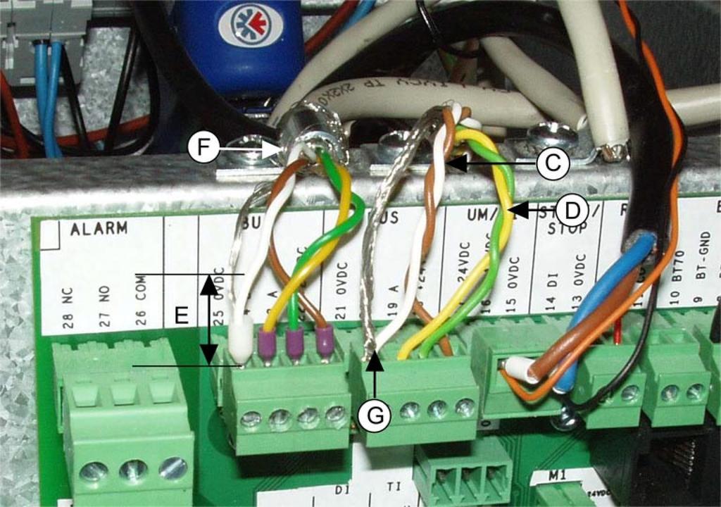 3004126-2011-08-29 Installasjon av VEX-en 2.3.3 Tilkobling av skjermet kabel til Modbus Kabeltype Tilkobling Bruk skjermet kabel av type 2 x 2 x 0,25 til Modbus.