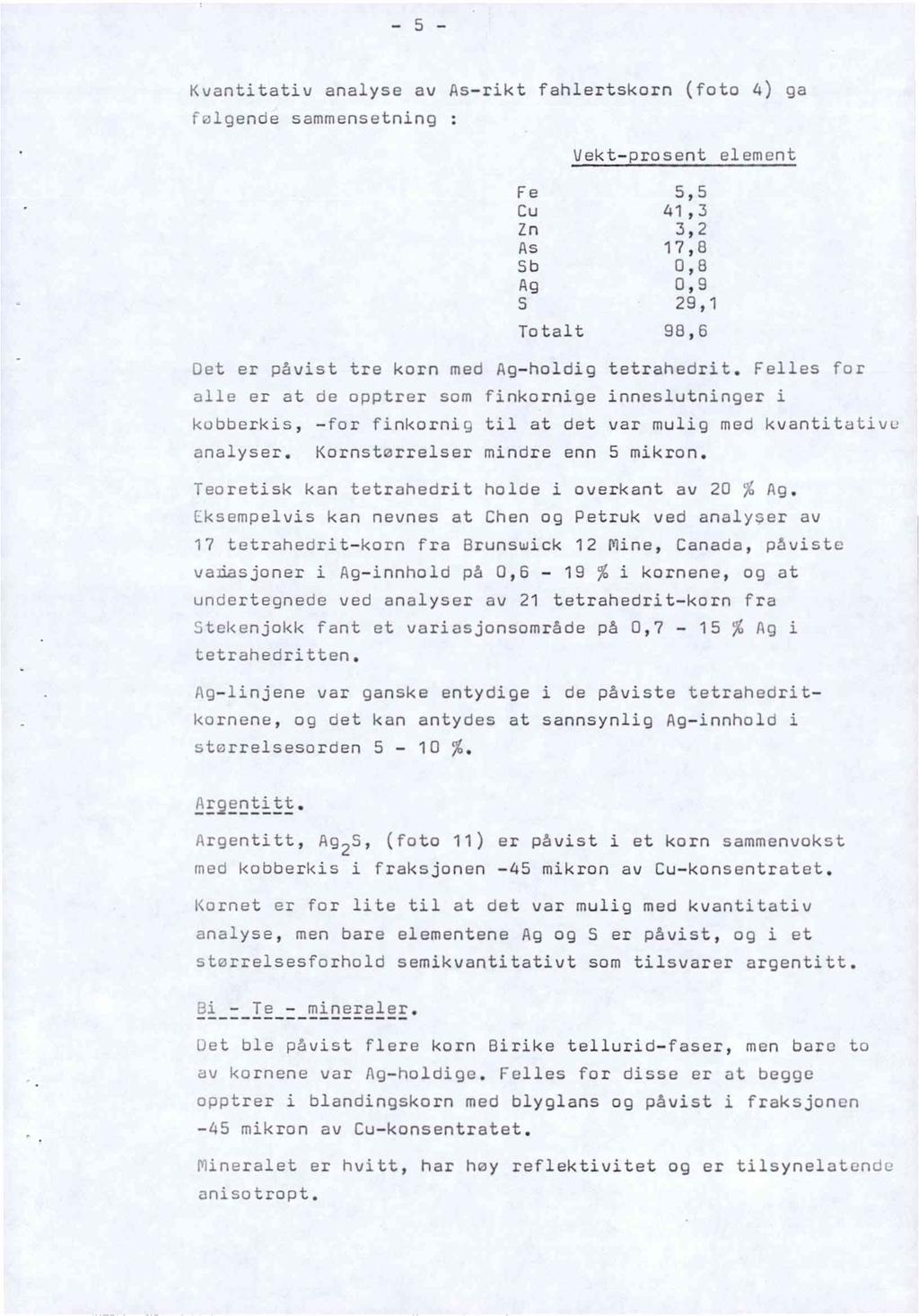 s Kvantitativ analyse av As-rikt fahlertskorn (foto 4) ga fulgende sammensetning : Vekt- rosent element Fe 5,5 Cu 41,3 Zn 3,2 As 17,8 Sb 0,8 Ag 0,9 29,1 Totalt 98,6 Oet er påvist tre korn med