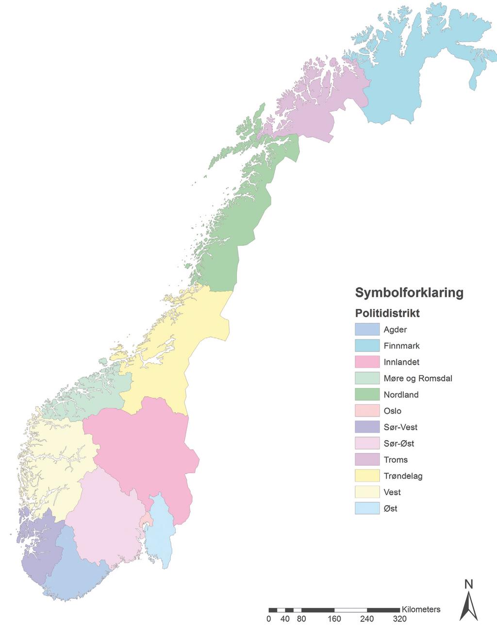 52 NOU 2017: 9 Kapittel 5 Politi og bevæpning Figur 5.3 Politidistrikter i Norge etter 1.1.2016 Kilde: Politiet, 2016 etterforsker saker innenfor sitt ansvarsområde.