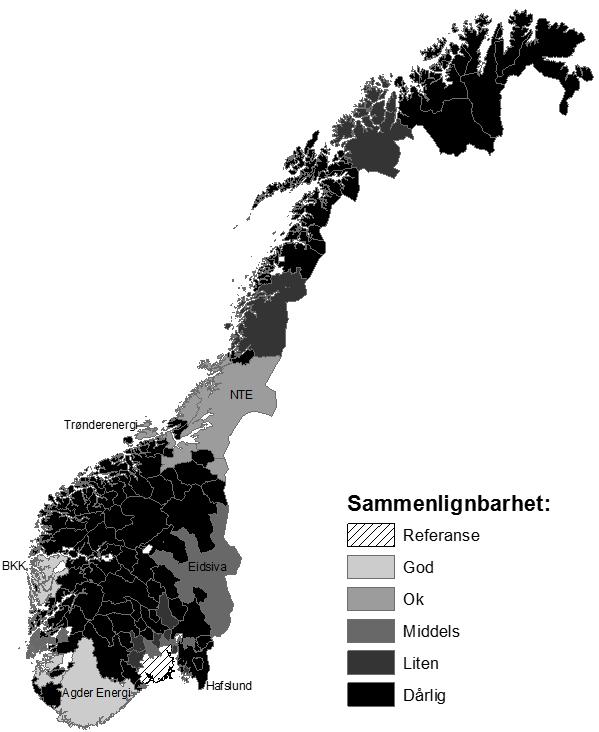 Figur 6: Kart som viser sammenlignbarhet. Skagerak Energi Nett er satt som referanse. Hvorvidt man kan si at to selskaper har en sammenlignbarhet på "Ok" ble diskutert i prosjektoppgaven.