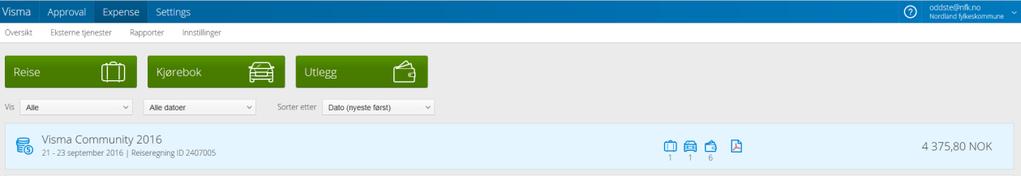 4. Forside / Oversiktsbilde Oversiktsbildet vil være bygd opp litt avhengig av hvilken rolle og oppgaver du har i organisasjonen, men vil som regel starte opp i valget Expense.