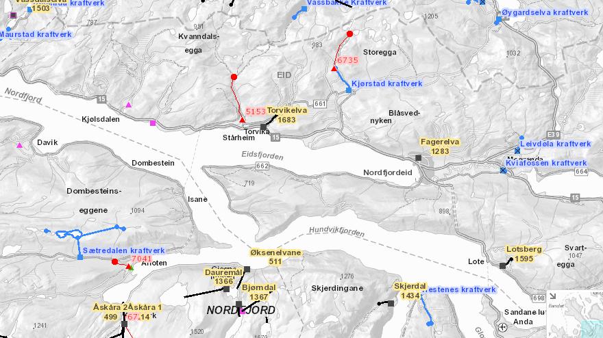 Side 2 av 5 Utbygde kraftverk og nye prosjekt i området, jf. NVE-atlas Eksisterande anlegg: Svart, gul tekst. Gitt løyve: Blå. Avslag: Blå med kryss (Kviafossen, Leivdøla).