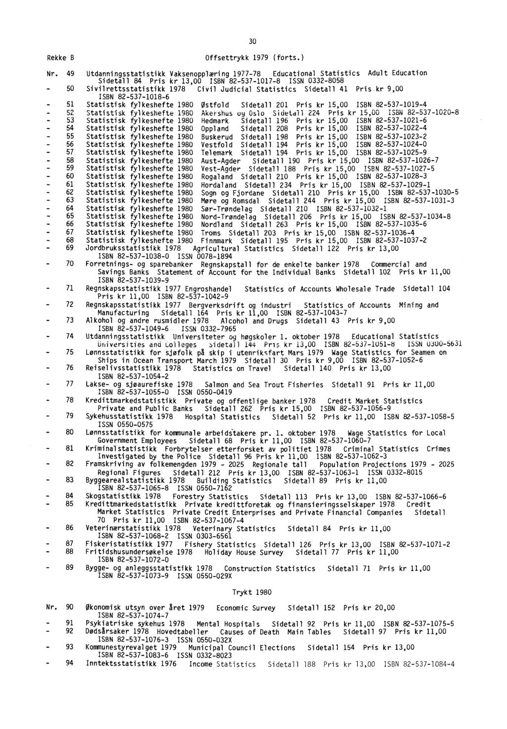 30 Rekke B Offsettrykk 1979 (forts.) Nr.