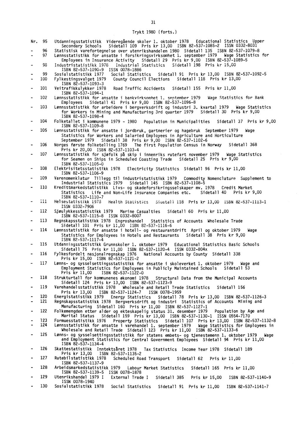 31 Trykt 1980 (forts.) Nr. 95 Utdanningsstatistikk Videregående skoler 1.