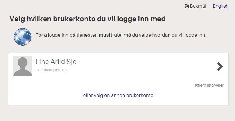 2b. Velg brukerkonto for påloggingen (vises ikke ved første gangs pålogging, men for alle