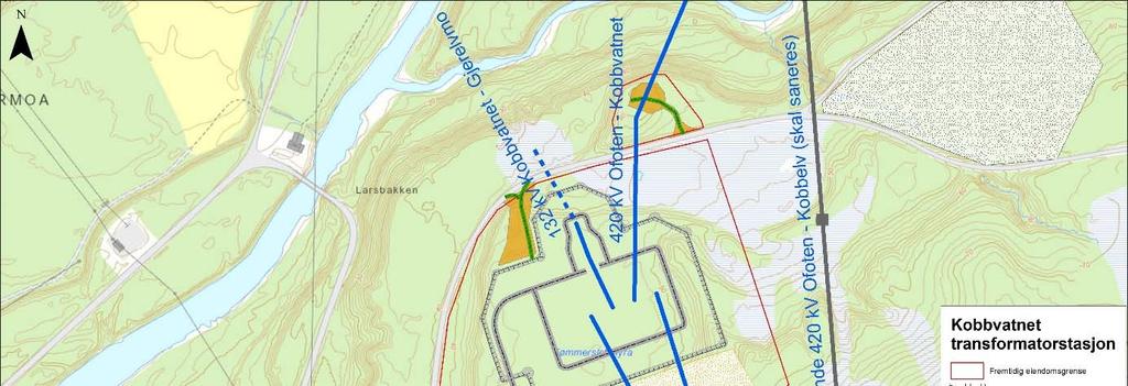 Figur 7 Stasjonskart som viser nytt stasjonsområde med anleggsobjekter og ledningsinnføringer. 132 (66) kv ledning mot Gjerelvmo vil bli omsøkt av Nord-Salten Kraft. 4.5.