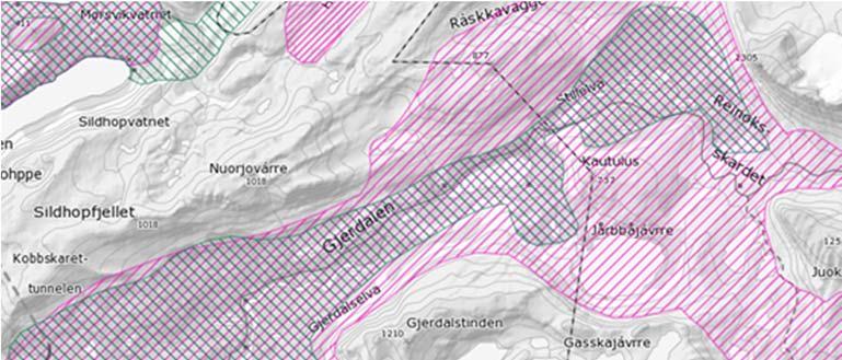 Figur 15: Reindriftas bruk av prosjektområdet og områdene rundt. Rosa områder er høstbeite, mens grønt beite er vinterbeite. Prosjektområdet ligger innenfor svart firkant. Hentet fra kilden.no. 5.9.5. Mineralressurser Det er registrert tykk morene og elveavsetning i området for eventuell ny trafostasjon.