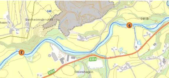 Side 4 av 8 Figur 3 De to prøvestedene i elven er markert med oransje og prøvenummer 1.3 Forurensningstrussel Forurensningsfaren fra Etne sand og pukk vurderes å være liten.