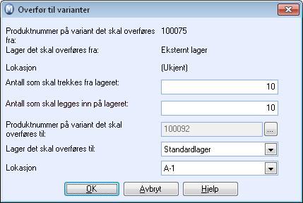 Mamut Enterprise Variant Overføre beholdning mellom varianter Du kan overføre lagerbeholdning mellom forskjellige varianter av et hovedprodukt.