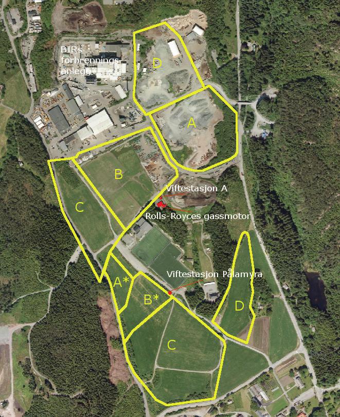 Figur 2. Oversikt over deponiområdene i Rådalen, lokalisering av gassmotor drevet av Rolls-Royce AS, samt viftestasjoner for oppsamling av deponigass.