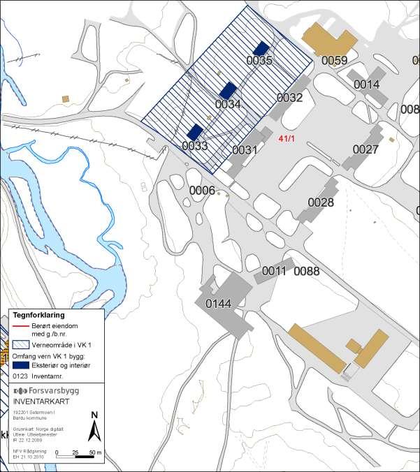 Vernekartet for Kavalerileiren. Skravert felt viser verneområde VK 1 rundt magasinbygningene.