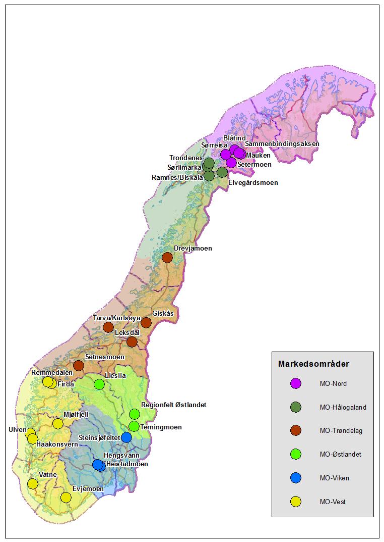 Figur 1: De 27 skyte- og øvingsfeltene som