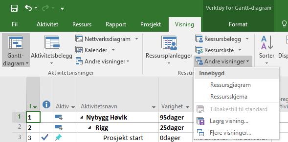 4.5.10 Fanene i båndet, «Visning» «Andre visninger» gir en nedtrekks meny med faste og andre visninger.