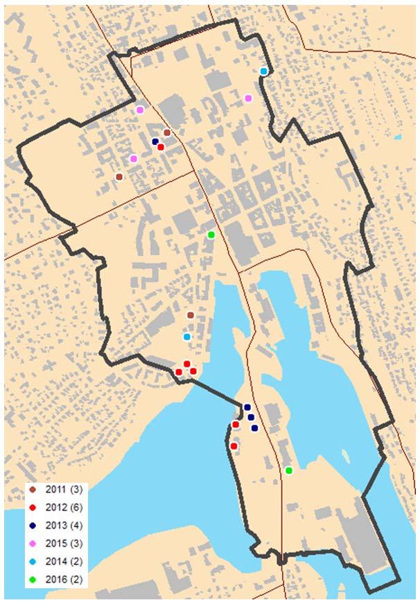 Figuren viser hvor det er bygget boliger i sentrum i perioden 2011 2016. Hver prikk viser enkeltbygg. Handel og service Skien har tre handelsområder: Sentrum, Herkules og Kjørbekk.