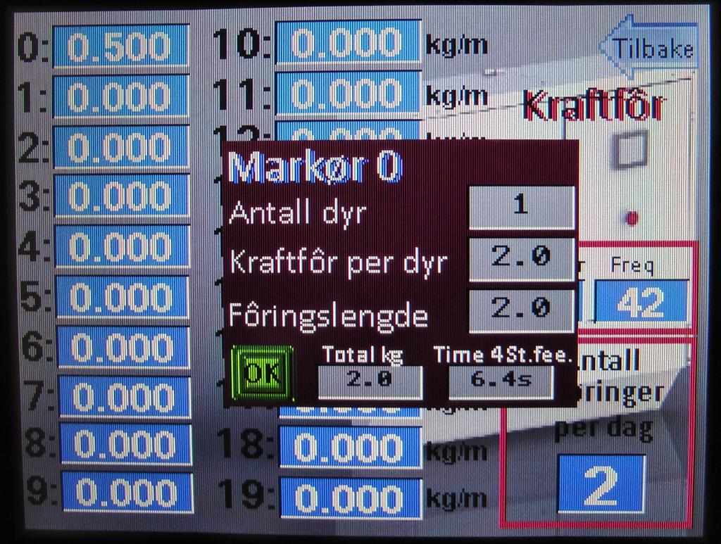 Freq regner maskinen ut selv etter farten som er satt på startsiden i forhold til programert kraftfôrmengde.