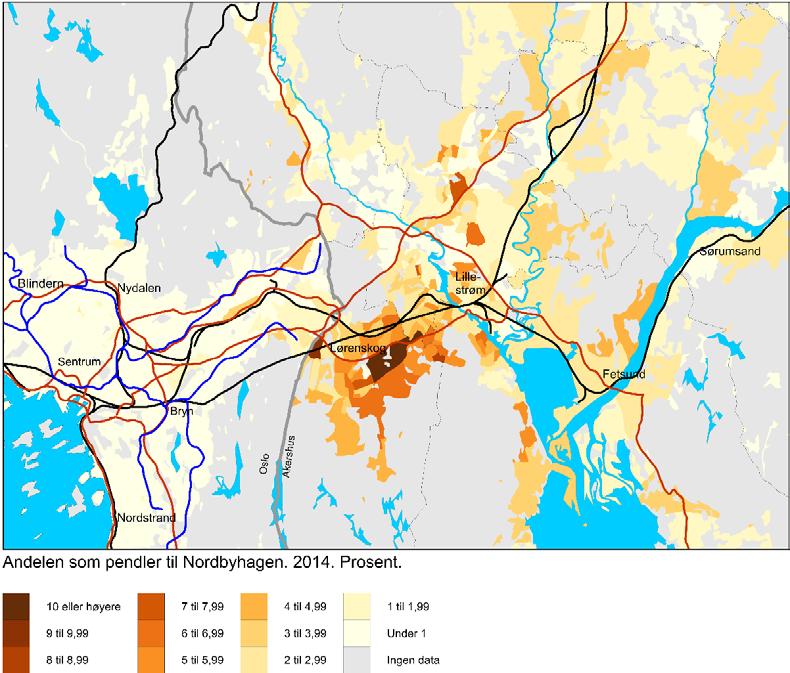 Figur 4.1 Andelen av de sysselsatte i hver grunnkrets som reiser til Nordbyhagen på arbeid. 2014.