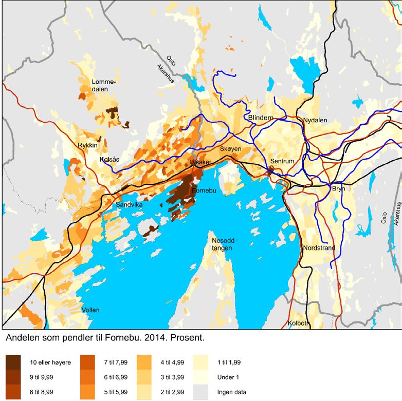 Figur 5.1 Andelen av de sysselsatte i hver grunnkrets som reiser til Fornebu på arbeid. 2014. Prosent Det er også interessant at det går et skille ved kommunegrensen Oslo/Bærum.