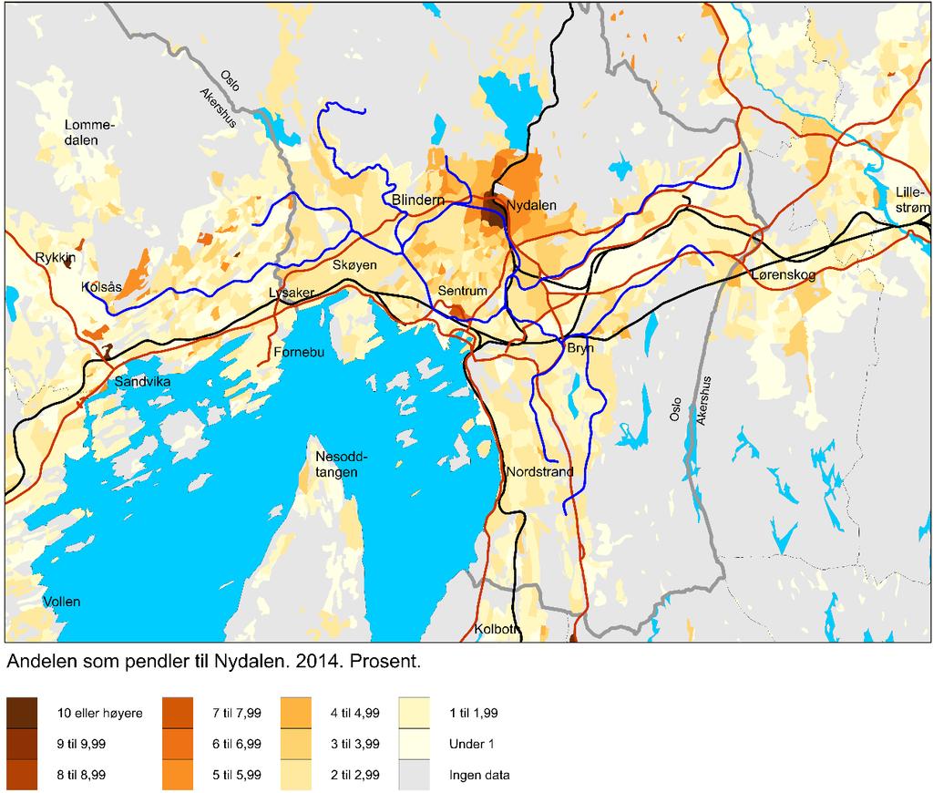 Figur 6.1 Andelen av de sysselsatte i hver grunnkrets som reiser til Nydalen på arbeid. 2014. Prosent Tabell 6.1 Antall med arbeidssted i Nydalen etter reiselengde. 2007, 2010 og 2014.