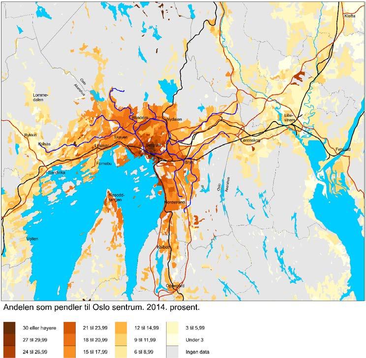 Figur 9.1 Andelen av de sysselsatte i hver grunnkrets som reiser til Oslo sentrum på arbeid. 2014.