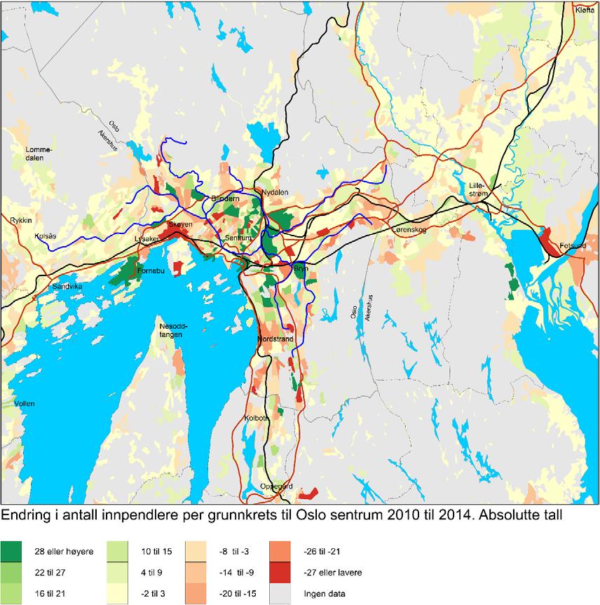 Kilde: TØI/SSB Figur 9.3 Endring i antall pendlere fra hver grunnkrets til Oslo sentrum i perioden 2010 til 2014. Absolutte tall 9.