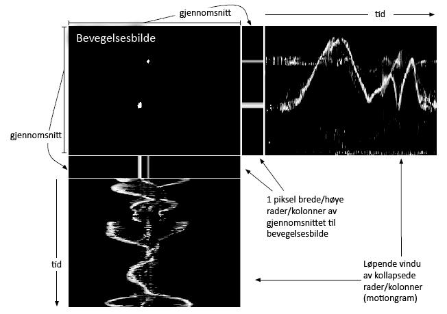 KAPITTEL 2. BAKGRUNN av spektrogram i stede fant Jensenius en tilsvarende måte å lage videospektogram på som vi kaller motiongrams hvor man enkelt kan observere bevegelse over tid.