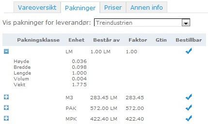 Nederst er det fire faner med informasjon om Vareoversikt, Pakninger, Priser og Annen info. Vareoversikt: Som bildet over viser inneholder vareoversikten informasjon som er generelt for produktet.