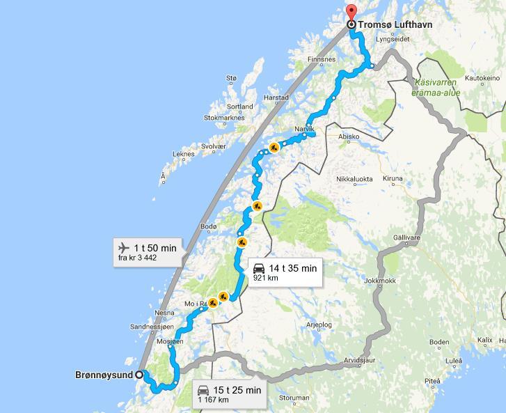 Avstander i Nord-Norge, v/regionledelse i Tromsø: Avstanden mellom Brønnøysund helt sør i Nordland til Tromsø er 921 kilometer med bil langs E6. Med fly tar turen minimum 1 time 50 min.