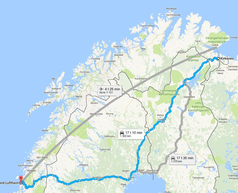 (Nordland fylke (ca.) vist i ellipse, for sammenligning). Vi nevner at fra Brønnøysund i sør til Andenes nord internt i Nordland er det 761 kilometer langs E6, evt. 2 timer 30 min.