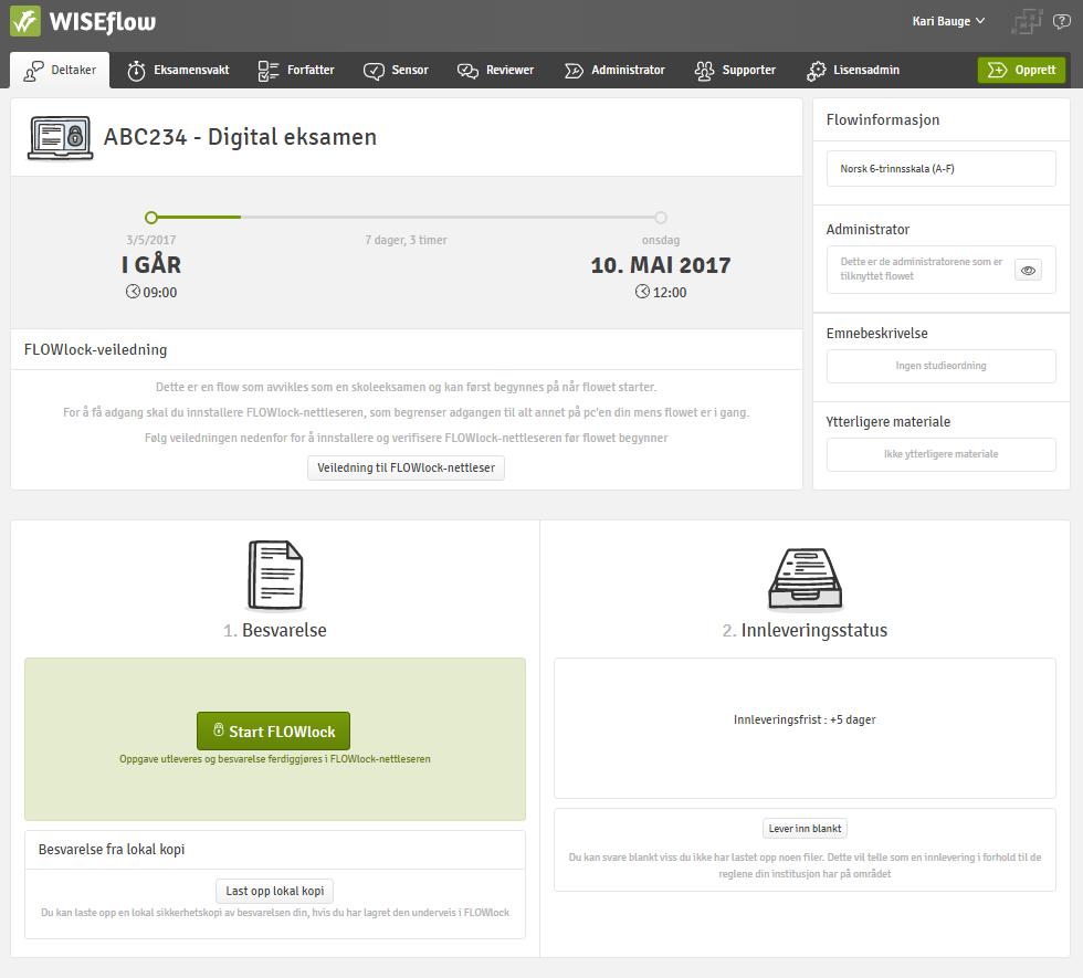 For å starte eksamen, trykker de på den grønne knappen hvor det står Start FLOWlock. Denne knappen vil være aktivert fra èn time før eksamen starter.