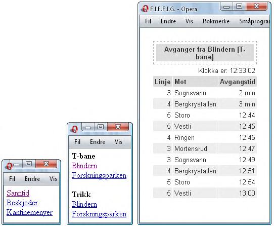 Prototype Mashup Til nå har vi utviklet en nettbasert prototype som gir oss sanntidsinformasjonen som nevnt over, siste beskjeder fra brukervalgt emne, samt ukemenyer for SiOs kantiner.