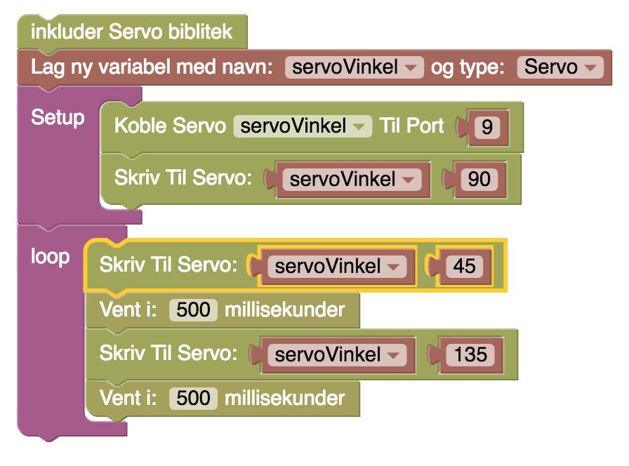 tilbake kan vi lage en liten sekvens inne i loop-klossen som flytter motoren frem og tilbake mellom 45 og 135 grader. 1. Vi flytter motoren til 45-grader 2.