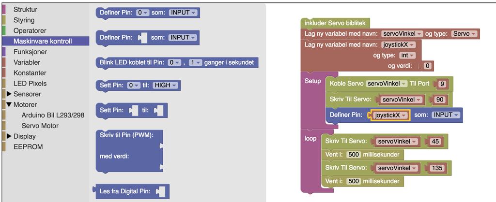 I tillegg må i inne i setup-klossen forteller Arduinoen at vi skal bruke denne porten som input det vil si at vi skal lese fra denne porten. Trekk ut en Lag ny variabel-kloss.