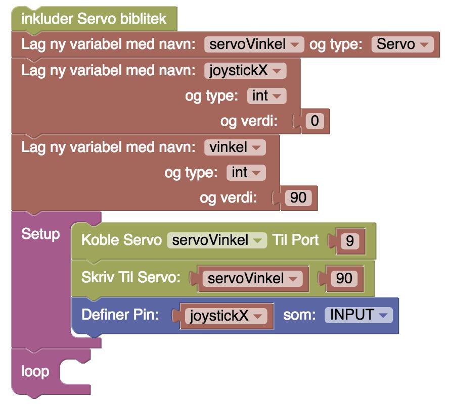 Nå skal vi endre på innholdet inne i loop-klossen og det er dermed på tide å slette de fire klossene vi har der fra sist kapittel. Deretter skal vi heller styre vinkel-motoren ved hjelp av joysticken.
