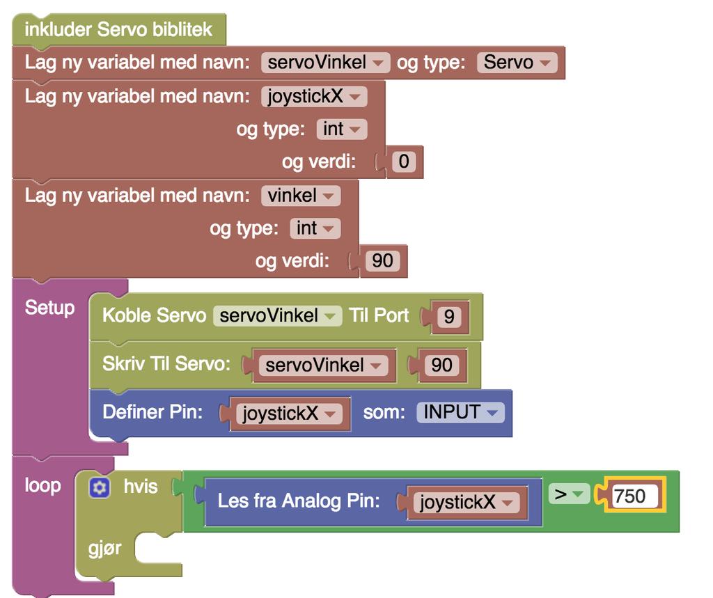 3. Trekk ut en Les fra Analog Pinkloss og en variabel kloss. Endre fra element til joystickx 1. Trekk ut en hvis-kloss fra Styring-overskiften 4. Trekk ut en verdi-kloss og gi den verdien 750 2.