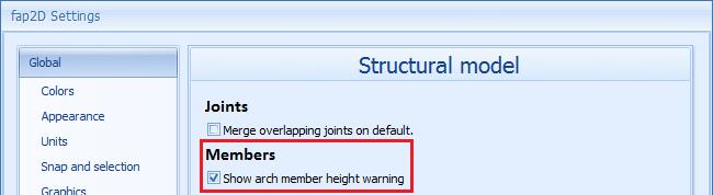 112 TILLEGG A. RELEASE NOTES - VERSJONSMERKNADER Figur A.150: Avkryssningsboks i settings, under kategorien structural model, for å aktivere/deaktivere advarsler for arch-høyde.