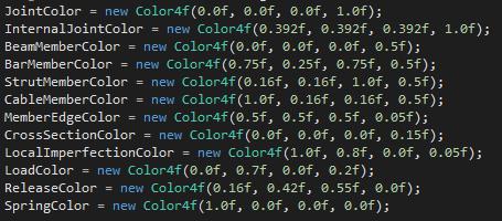 C.1. FARGEBRUK I FAP2D 145 Fargeverdier for joints og members i fap2d. I fap2d 3.0.0 Beta var både bars, cables og struts farget lilla. I fap2d 3.1 er dette endret.