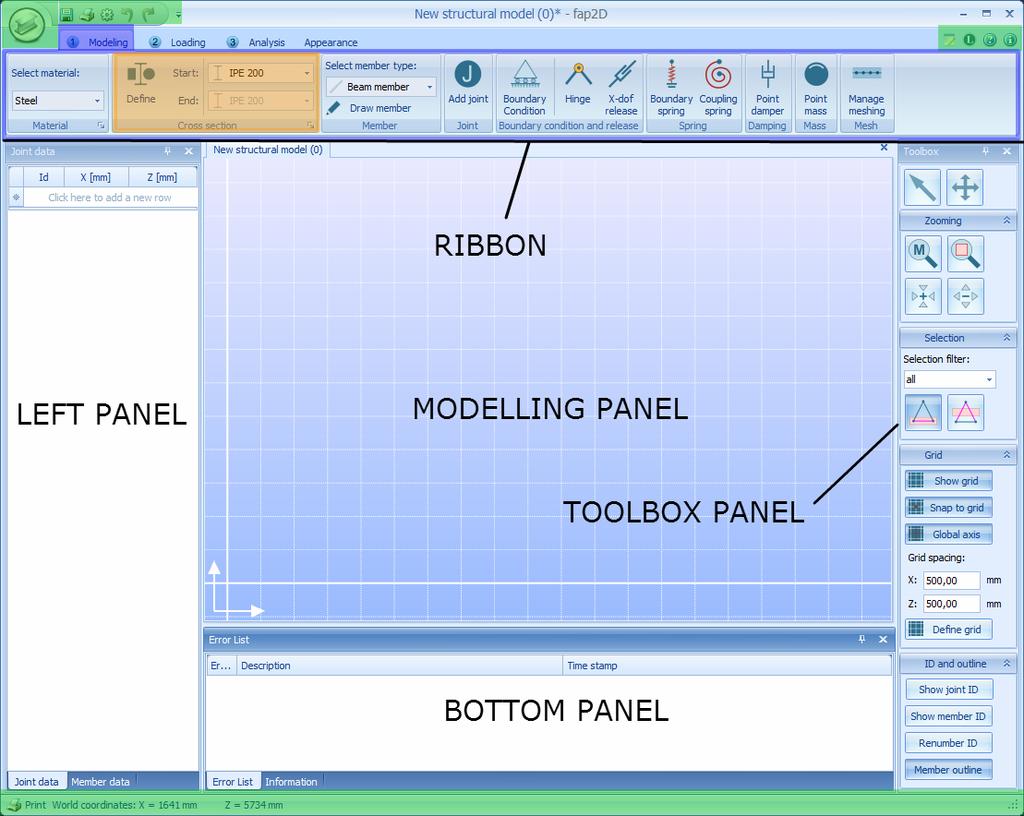 2.2. PROGRAMMET 13 Figur 2.3: GUI i fap2d. Merket i grønt: Application menu og quick access toolbar (øverst t.v), UM, lisensavtale o.l. (øverst t.h) og status bar (nederst t.v). Ribbon brukes for å organisere ribbon pages.