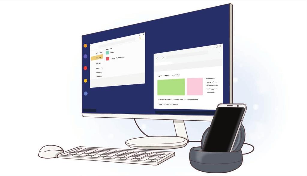 Apper og funksjoner Samsung DeX Med Samsung DeX-tjenesten kan du bruke smarttelefonen som en datamaskin ved å koble smarttelefonen til en ekstern skjerm, for eksempel en TV eller en skjerm.