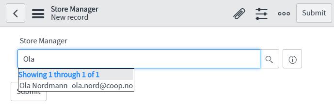 videre til visning under. Fyll inn navnet til brukeren du har registrert, så vil ServiceNow søke gjennom alle brukere og finne riktig person utifra navnet.
