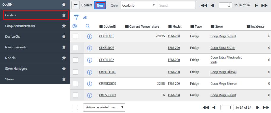 Figur 68 viser utklipp av Cooler med tabell For å registrere en ny kjøler, trykker man på New og fyller ut CoolerID (En ID som bygges opp av butikknavn og et nummer), modell og hvilken butikk den er