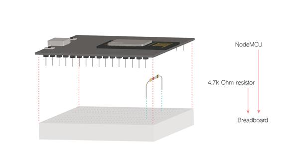 Figur 22 NodeMCU med resistor og koblingsbrett Totalt trengte vi kun 13 tilkoblingspunkter for at Coolity skulle fungere med batteri og temperaturmåler.