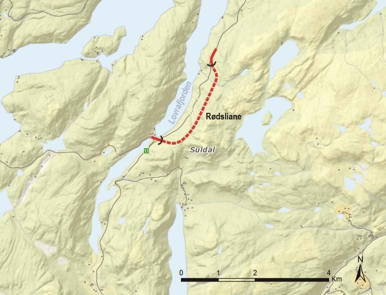 Rv 13 Lovraeidet - Rødsliane Kostnad: 760 mill. kr Rv 13 Lovraeidet-Rødsliaene er rasutsett. Strekninga er ein del av hovudvegen inn til Sand (kommunesenter i Suldal) nå når Sandsfjordbrua er opna.