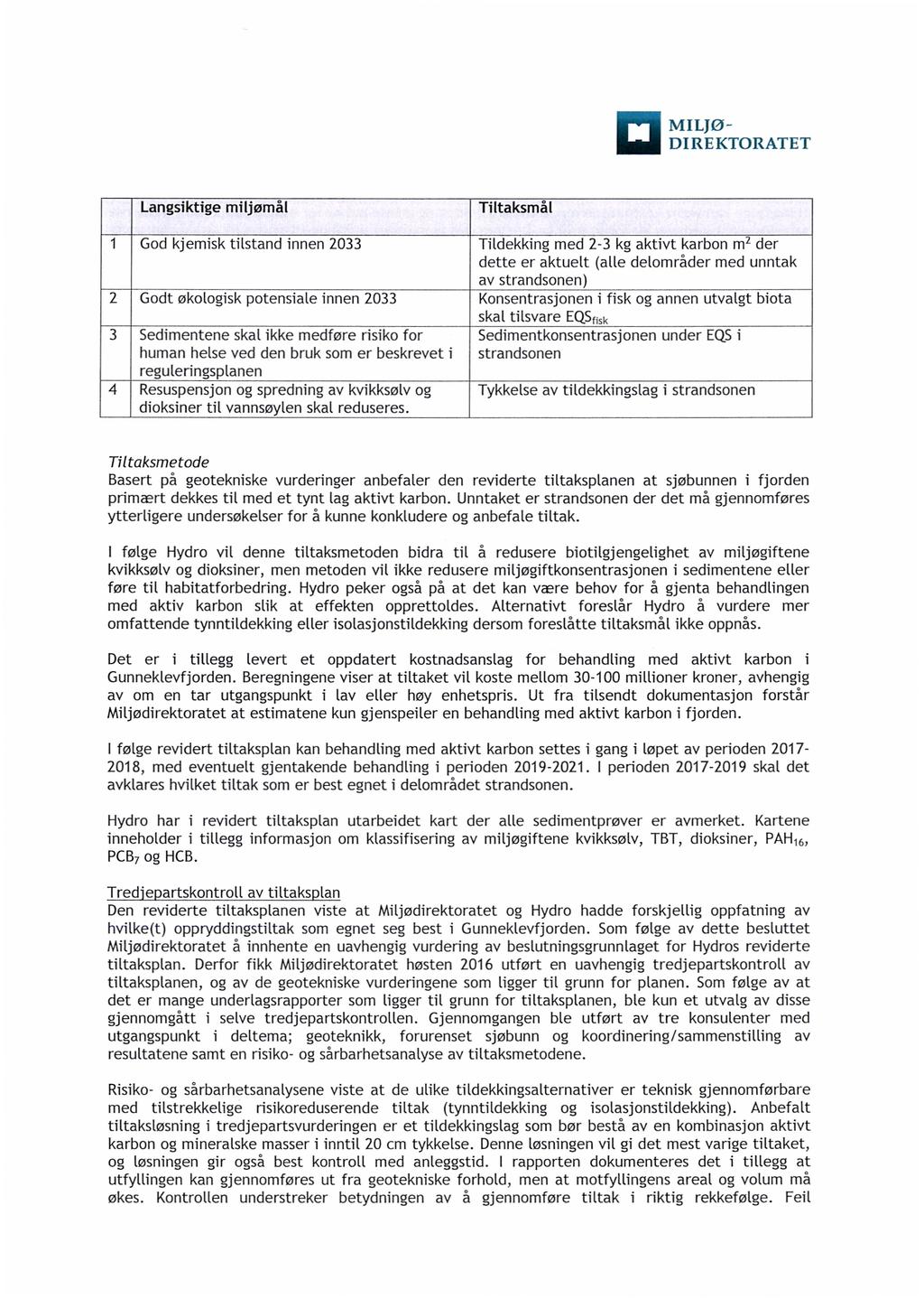 MILJØ- DIREKTORATET Langsktge mljømål Tltaksmål 1 God kjemsk tlstand nnen 2033 Tldekkng med 2-3 kg aktvt karbon ml der dette er aktuelt (alle delområder med unntak av strandsonen) 2 Godt økologsk