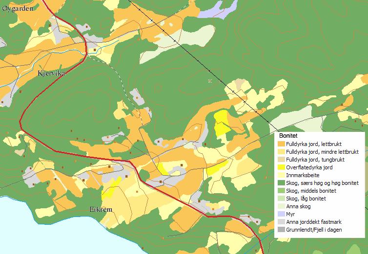 Furuhaugen, 112 moh Kolåsen, 148 moh Myrdal Kjerringhaugen Leikvoll Figur 20: Markslag ved Eikrem i følge Arealisdata på nett. Tunneltrase er vist på kartutsnittet. 3.4 Grunnvann og vannforsyning 3.4.1 Generelt om grunnvannet Grunnvannstand i bergmassen er ikke målt, men generelt vil vannivået i berget variere mye ut fra topografi og oppsprekkingsgrad.