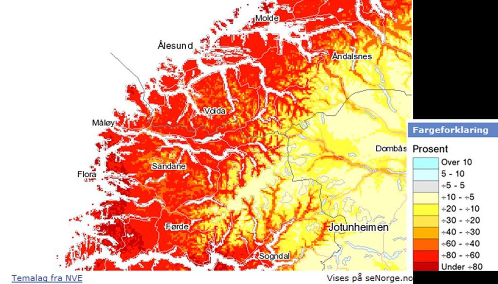 16 ROS-analyser med hensyn til værrelaterte hendelser Figur 10 Informasjon om prosentvis endring i årsmaksimum av snømengde fra 1961-1990 til 2071-2100 (Kilde: