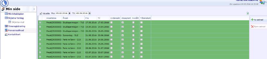 Når du har skrevet inn nødvendig info, trykk på Send søknad. Prosten vil da få søknaden og vil innvilge eller avslå den.