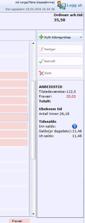 Tidssaldo: Inn-saldo er pluss/minus-timer en har fått med seg fra forrige måned. Tallet forteller om du er i pluss eller minus i forhold til arbeidstid (inkludert ubundet tid).