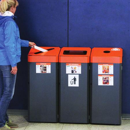 Slisse for papir, magasiner, blader og aviser C. Rundt hull for pant, flasker og glass Søling og smuss Arena har glatte flater og det er enkelt å vaske/ tørke.